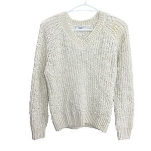 SUZY SHIER V-Neck Pullover Sweater Off White Ribbed size Medium Knitted Sweater